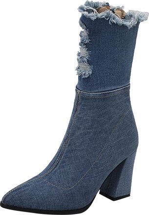 Generic Womens Fashion Denim Ankle Boots for Autumn with Side Zipper Design and Comfortable Short Heel (BU1, 5.5)