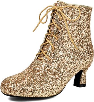 Generic Womens Lace Up Glitter Evening Party Ankle Boots with Chunky Heel,Gold,1.5 UK