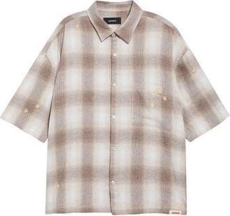 Nahmias Oversize Floral Embroidered Plaid Short Sleeve Cotton Flannel Button-Up Shirt in Sand at Nordstrom, Size Medium
