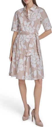 Calvin Klein Short Sleeve Cotton Shirtdress in Khaki/Cream at Nordstrom Rack, Size 10