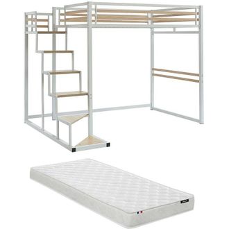 Vente-Unique Letto a soppalco 140 x 200 cm Metallo e mdf Bianco + Materasso - jogui