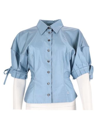 Vivienne Westwood Tailored Blue Cotton Shirt with Puffed Sleeves and Bow Details