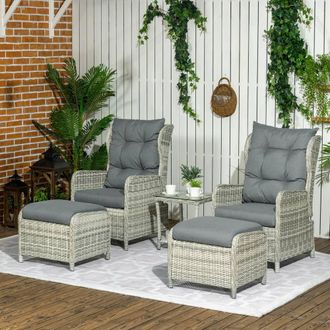 OUTSUNNY Recliner Rattan Garden Furniture w/ Two-tier Glass Top Table & Cushions, Grey