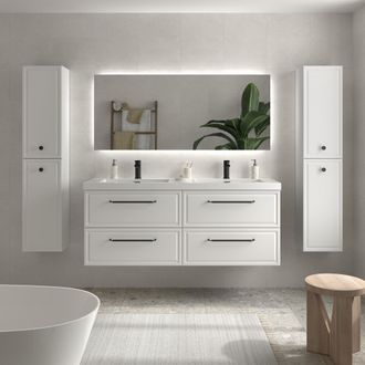 Cygnus Bath Mueble De Ba&ntilde;o Runa 140cm Blanco Mate 4 Cajones Lavabo Toscana 2 Pozas Carga Mineral
