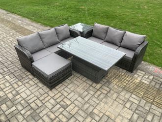 Fimous Outdoor Rattan Garden Furniture Sets Height Adjustable Rising lifting Dining Table Sofa Set with Side Table in Dark Grey