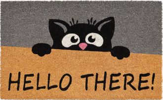Imports Decor Hello There Cat Coir Door Mat, Cute Black Cat Coconut Fiber Doormat with Non-Slip PVC Backing, Funny Indoor Outdoor Entryway Rug