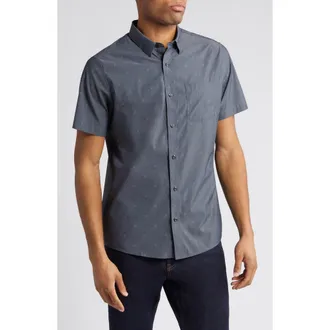 Travis Mathew Across the Pond Geo Print Short Sleeve Stretch Button-Up Shirt in Heather Black at Nordstrom Rack, Size Small