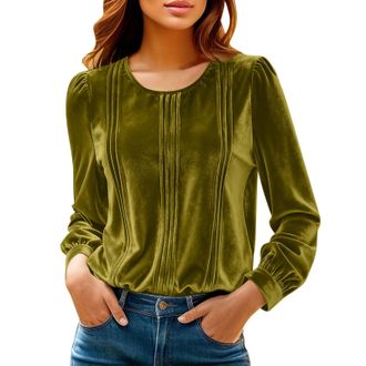 Generic Women Long Sleeve Tops Velvet Pleated Vintage Dressy Blouses Ladies Crewneck Elegant Slim Fit Tunic Top Lightweight Solid Color T-Shirts Casual Fashio