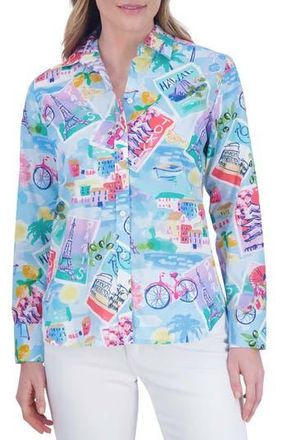 Foxcroft Meghan Travel Print Cotton Button-Up Shirt in Blue Multi at Nordstrom Rack, Size Small