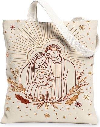 Generic Christmas Family Canvas Tote Bags, Elegant Holiday Art Design Reusable Grocery Bags, Vintage Lightweight Washable Shoulder, Beige, 13x15 Inch