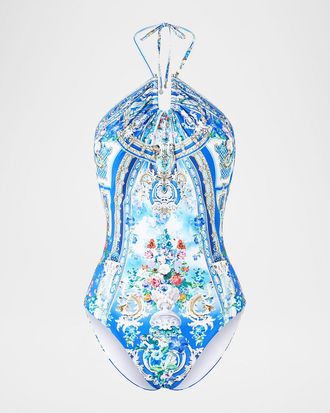 Camilla Ottoman Opulence Diamond Neck Halter One-Piece Swimsuit