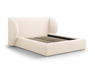 MICADONI Cama con cabecero y ba&uacute;l de tejido chenilla beige claro