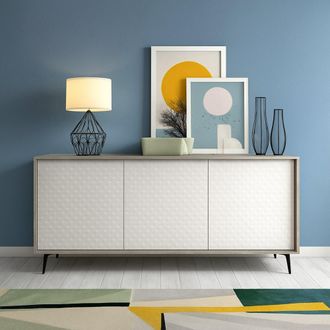 Dmora Aparador Fresia, Mueble Buffet Con 3 Puertas Y 1 Balda Regulable, Elegante Aparador Para Sal&oacute;n, Gabinete De Tv, 100% Made In Italy, Cm 184x45h77, Blan