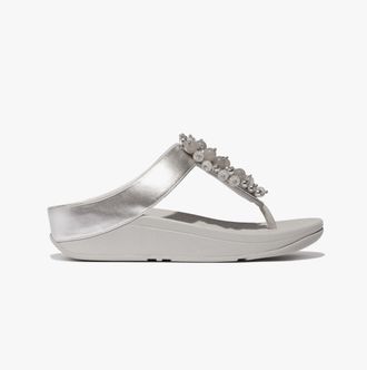 FitFlop Fitflop Fino Bauble-bead Womens Toe Post Sandals Silver Leather - Size UK 7