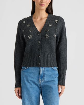 Ellen Tracy Womens Jeweled Button-Front V-Neck Cardigan