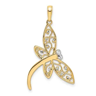 Diamond2Deal 14k Yellow Gold White Rhodium Diamond-cut Filigree Dragonfly Pendant