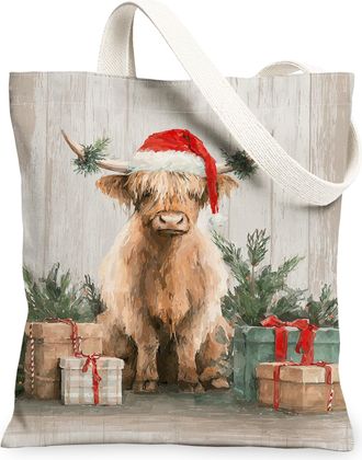 Generic Christmas Cow Canvas Tote Bags, Rustic Animal Design Reusable Grocery Bags, Vintage Lightweight Washable Shoulder Strap Can, Brown, 13x15 Inch