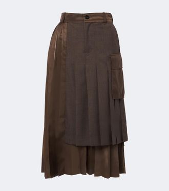 sacai Layered pleated wool-trimmed midi skirt
