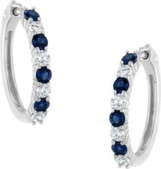 House of Brilliance 10K White Gold 2.5MM Sapphire Gemstone and 1/2 Cttw Diamond Hoop Earrings in Blue Sapphire at Nordstrom