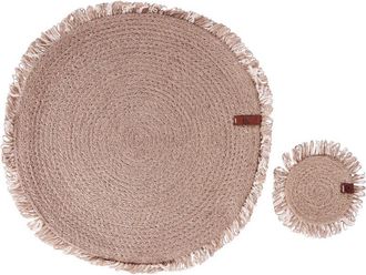 Beliani Beliani - Conjunto De 12 Manteles Individuales Y Posavasos 35/10 Cm De Yute Natural Hecho A Mano Redondos Comedor Estilo Boho Natural Ribbery