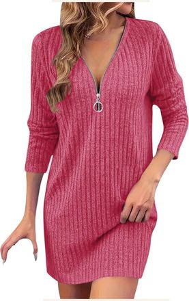 Generic Womens Jumpers Elegant Knitted Jumper Mini Dress - Long Sleeve V-Neck Sweater for Beach, Club, Evening - A-Line Zip Dress for Fall Winter Lightweight 