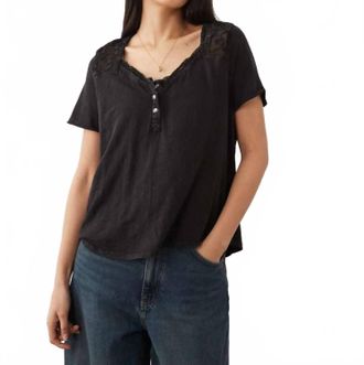Free People Heriloom Henley Button Up Tee In Black