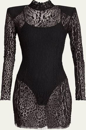 Balmain Leopard Lace Strong-Shoulder Mini Dress