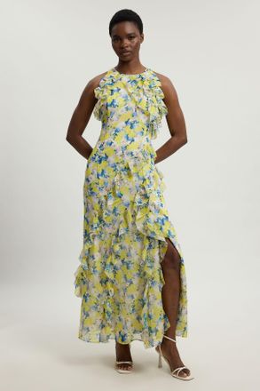 Karen Millen Womens Floral Crinkle Georgette Ruffle Detail Halter Neck Woven Maxi Dress - Size 16 UK