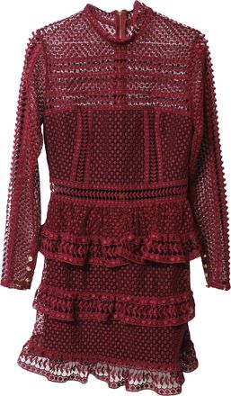Self Portrait High Neck Lace Mini Dress in Burgundy Polyester