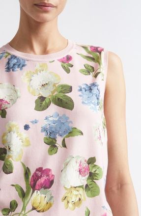 Carolina Herrera Floral Print Sleeveless Silk & Cotton Sweater in Rosewater Multi at Nordstrom, Size X-Large