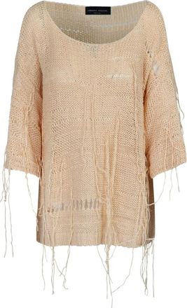 Roberto Collina Katoenen Boothals Top met Franjes - Dames - Ronde hals truien - Beige - L - Katoen - Truien & Vesten