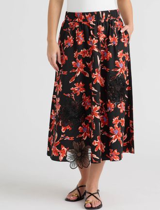 NVLT Womens Midi Skirt with Floral Applique