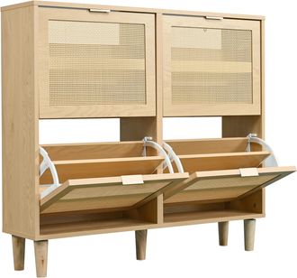 STILVORA Zapatero Con 4 Cajones Abatibles, Frentes De Rat&aacute;n Calado, Patas De Madera, Estilo R&uacute;stico, De Tablero De Part&iacute;culas, 100&times;25&times;90 Cm, Roble Claro