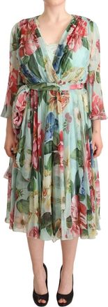 Dolce & Gabbana Multicolor Green Floral Silk Wrap Midi Womens Dress