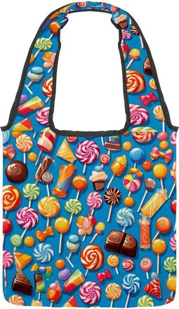 Generic Blue Candy Pattern Reversible Canvas Shoulder Tote - Double-Sided Print, 12oz Cotton, 27cm Drop, Fold-Flat Bag for Travel, Shopping, Street Outings