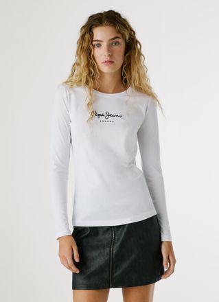 Pepe Jeans London Langarmshirt PEPE JEANS NEW VIRGINA L/S, Damen, Gr. XL/42, weiss (wei&szlig; 800), Single Jersey, Obermaterial: 95% Baumwolle, 5% Elasthan, bedruckt, figurb