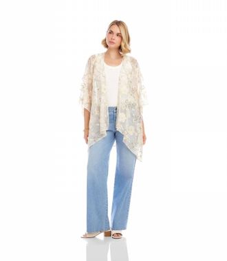 Karen Kane Faris Floral Embroidered Open Front Jacket Kimono In Gold And Off-White