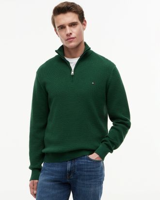 Tommy Hilfiger Mens Seasonal Structure 1/4 Zip Sweatshirt in Dark Green Cotton - Size X-Large