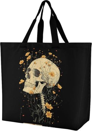Generic Floral Skeleton Skull Reusable Shopping Bags One Shoulder Grocery Tote Bag Waterproof Big Purse for Work Travel