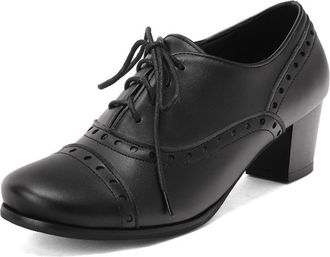 Generic Womens Two-Tone Lace-Up Block Heel Oxfords Cap Toe Stud Detail Round Toe Smooth Upper Adjustable Laces Padded Insole Stable Durable Shoes,Black,6.5 UK