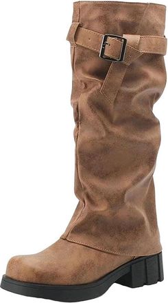 Generic Womens Punk Style Mid Calf Boots Chunky Heel Pleated Design Motorcycle Booties