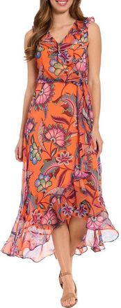 London Times Ruffle Faux Wrap Midi Dress in Orange/Plum at Nordstrom Rack, Size 10