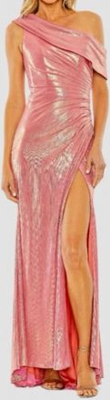 Mac Duggal Metallic Off The Shoulder Ruched Waist Slit Gown In Pink