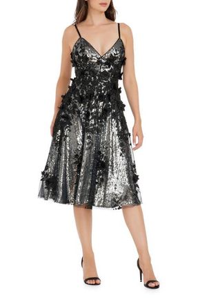 Dress The Population Tahani Sequin Floral Appliqué Cocktail Dress in Silver-Black at Nordstrom, Size Xx-Small