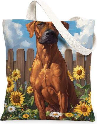 Generic Spring Rhodesian Ridgeback Dog Canvas Tote Bag for Shopping 13x15, Sunflower Fence Puppy Reusable Grocery Print Bag for Women, Farmhouse Pet Beach Aes