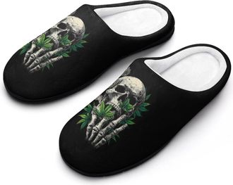 Generic Skull with Weed Mens Cozy Cotton Slippers with Memory Foam Lightweight Anti-skid House Shoes for Indoor Outdoor