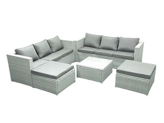 Fimous Rattan Garden Outdoor Furniture Set 8 Seater Rattan Garden Sofa Set with 2 Big Footstools Light Grey Mixed