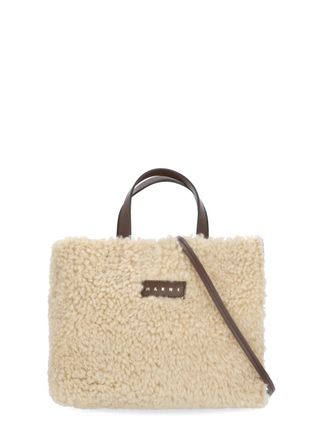 Marni Beige Fur-Front Gold Logo Leather Shoulder Bag
