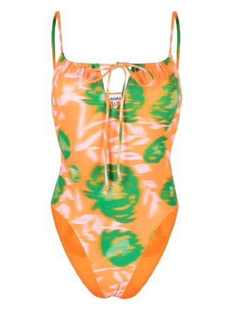 Ganni floral-watercolor print swimsuit - women - Spandex/Elastane/Recycled Polyamide/Recycled Polyamide/Spandex/Elastane - 42 - Orange