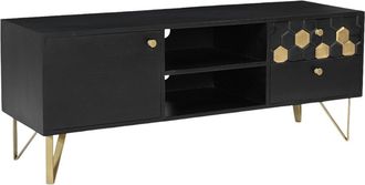Vente-Unique Mueble TV con 1 puerta, 2 cajones y 2 estantes de madera de mango y metal - Negro y Dorado - BELORI